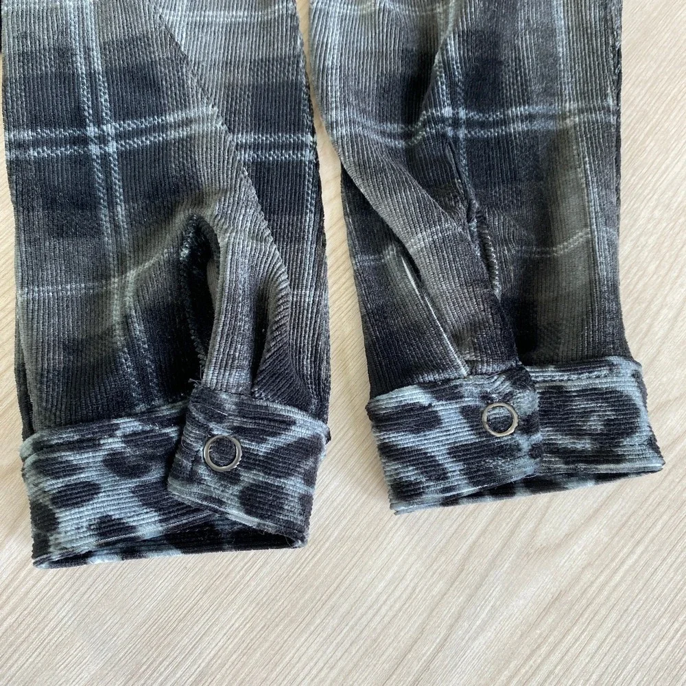 Susan Graver Whimsigoth Corduroy Shirt‎ Women SP Black Plaid Animal Print Trim